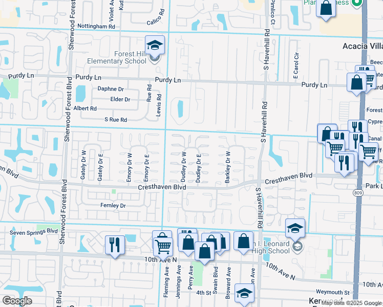 map of restaurants, bars, coffee shops, grocery stores, and more near 2625 Dudley Drive East in West Palm Beach