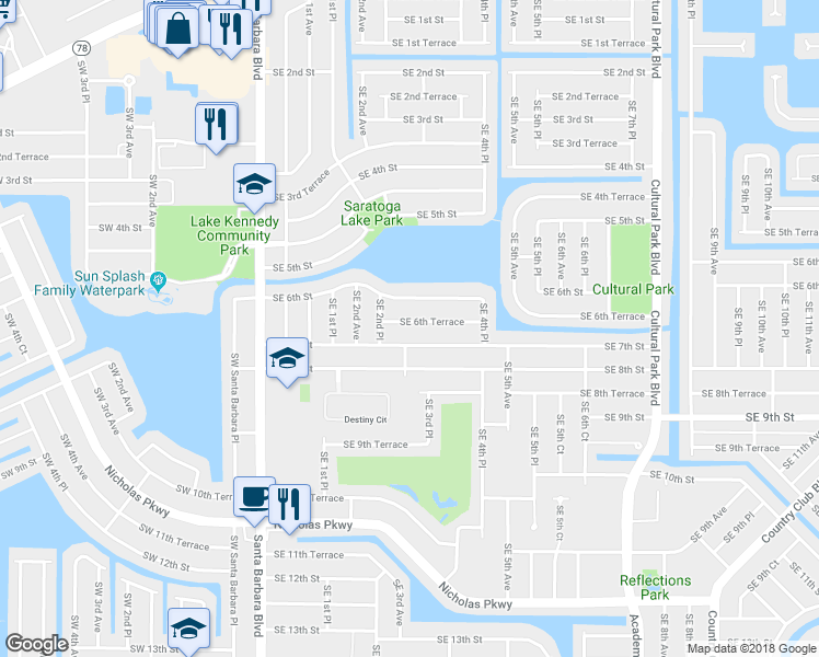 map of restaurants, bars, coffee shops, grocery stores, and more near 234 Southeast 6th Terrace in Cape Coral