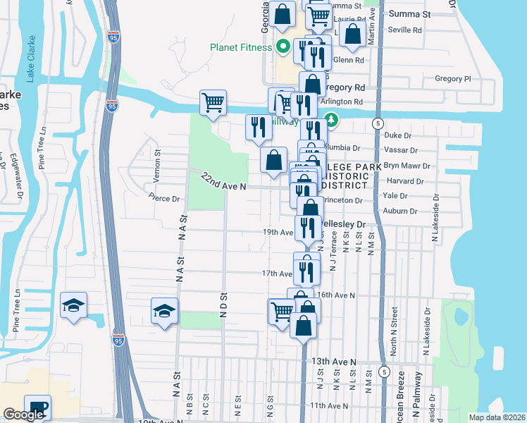map of restaurants, bars, coffee shops, grocery stores, and more near 2101 Park Street in Lake Worth
