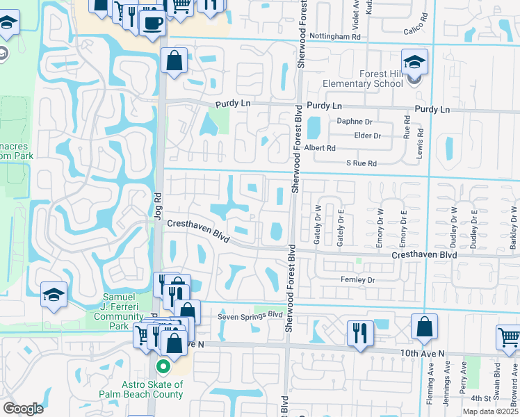 map of restaurants, bars, coffee shops, grocery stores, and more near 516 Sea Pine Way in Greenacres