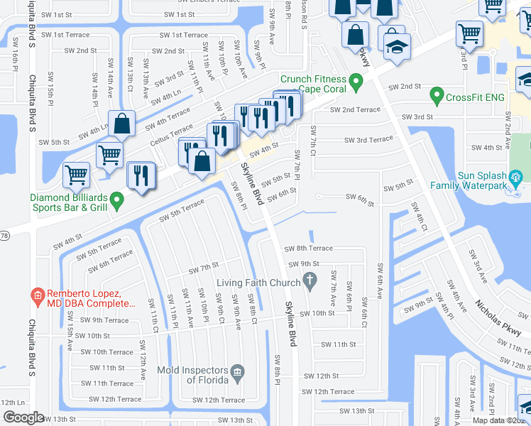 map of restaurants, bars, coffee shops, grocery stores, and more near 743 Southwest 6th Street in Cape Coral