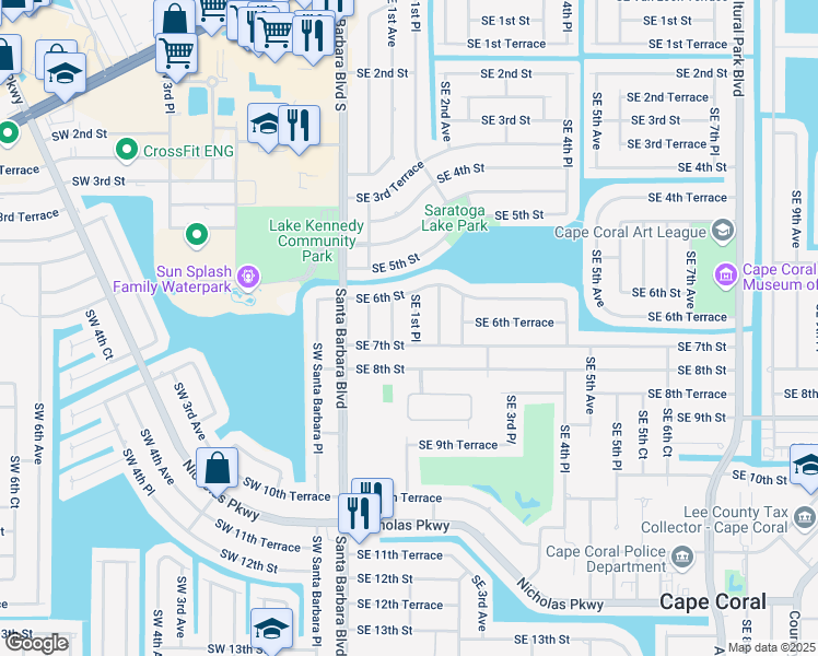 map of restaurants, bars, coffee shops, grocery stores, and more near 620 Southeast 1st Place in Cape Coral