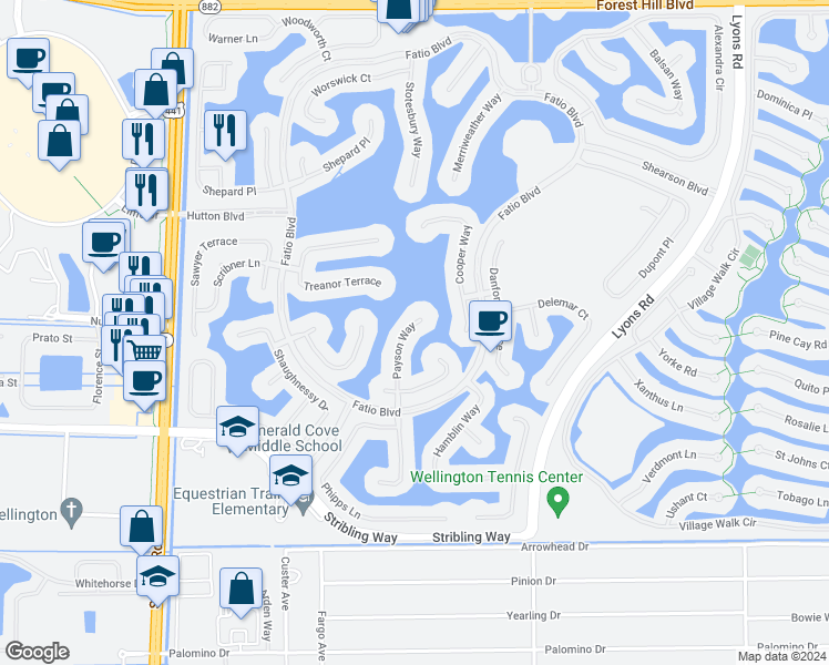 map of restaurants, bars, coffee shops, grocery stores, and more near 2916 Payson Way in Wellington