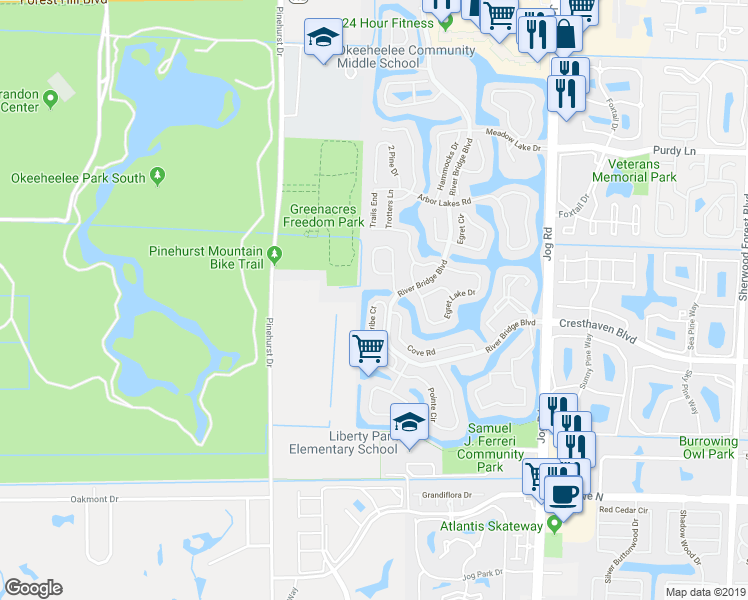 map of restaurants, bars, coffee shops, grocery stores, and more near 188 Caribe Court in Greenacres