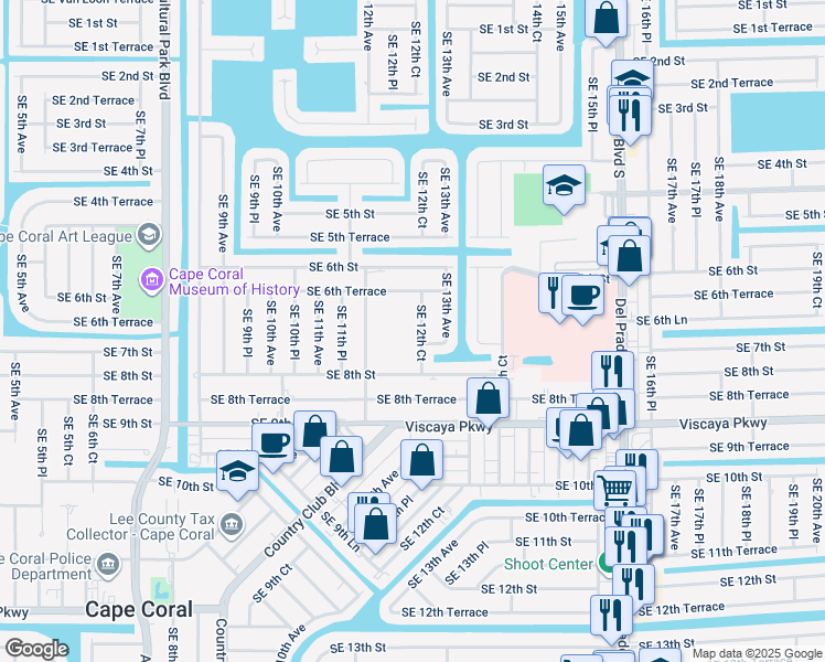 map of restaurants, bars, coffee shops, grocery stores, and more near 33 Southeast 6th Terrace in Cape Coral