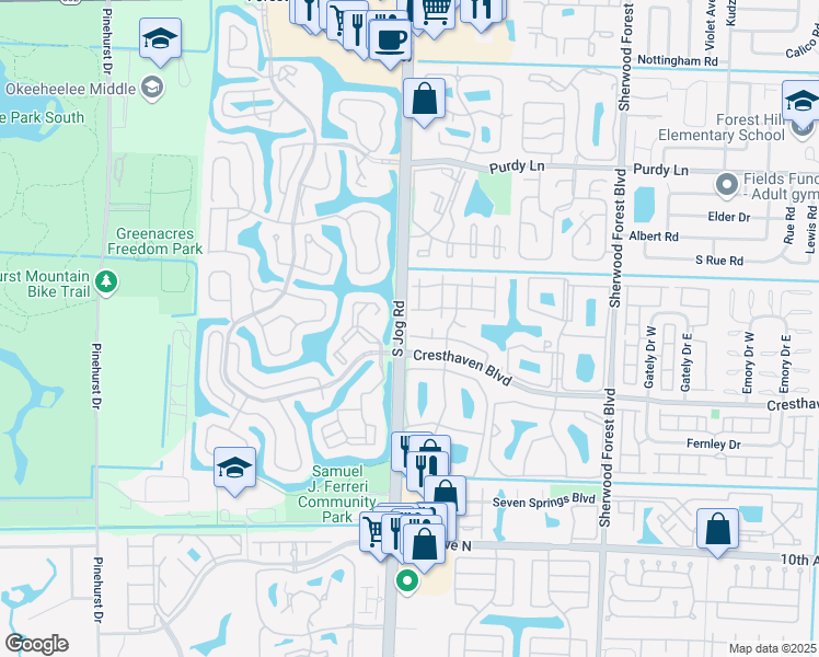 map of restaurants, bars, coffee shops, grocery stores, and more near 509 Shady Pine Way in Greenacres