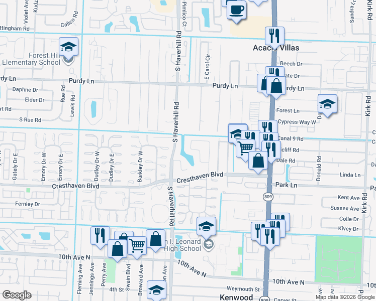 map of restaurants, bars, coffee shops, grocery stores, and more near 4904 Parkcrest Street in West Palm Beach