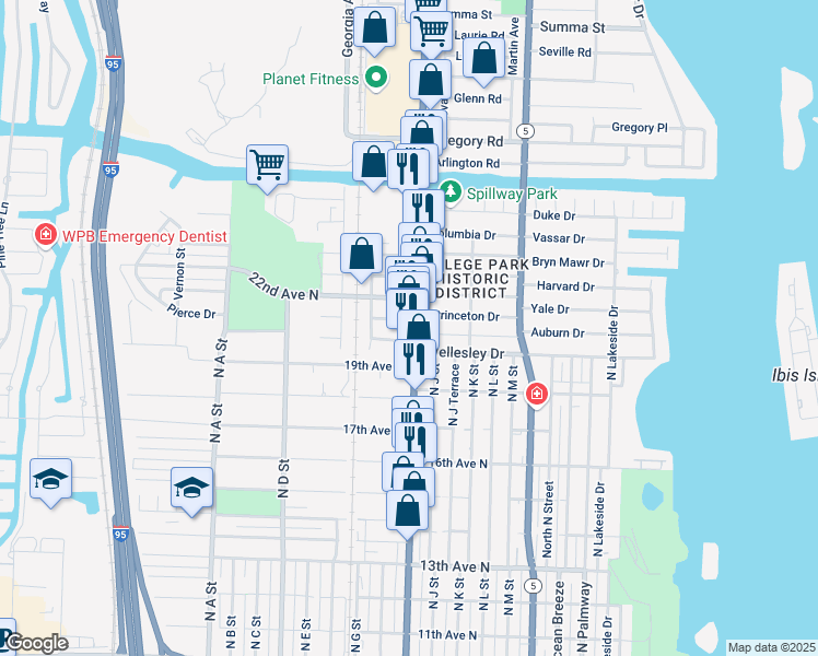 map of restaurants, bars, coffee shops, grocery stores, and more near 2100 North Dixie Highway in Lake Worth