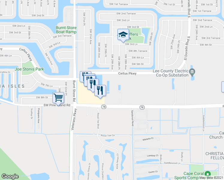 map of restaurants, bars, coffee shops, grocery stores, and more near 2903 Southwest Pine Island Road in Cape Coral