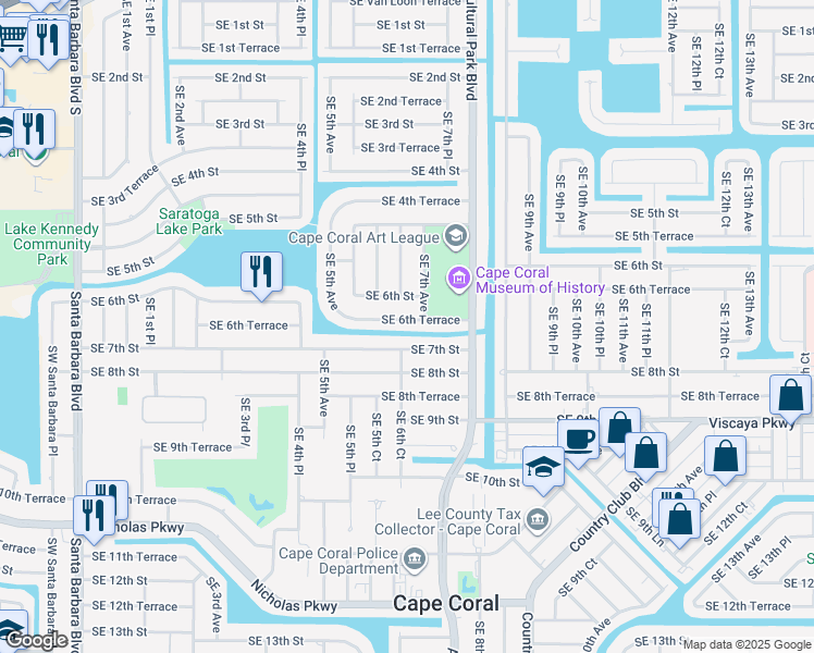 map of restaurants, bars, coffee shops, grocery stores, and more near 545 Southeast 6th Terrace in Cape Coral