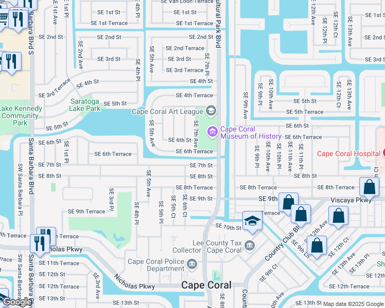 map of restaurants, bars, coffee shops, grocery stores, and more near 545 Southeast 6th Terrace in Cape Coral