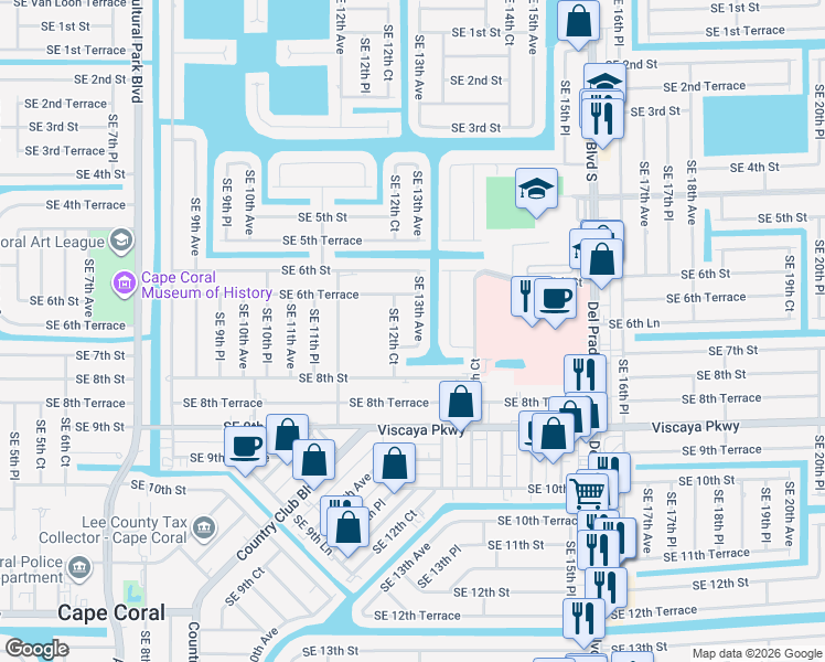 map of restaurants, bars, coffee shops, grocery stores, and more near 628 Southeast 13th Avenue in Cape Coral