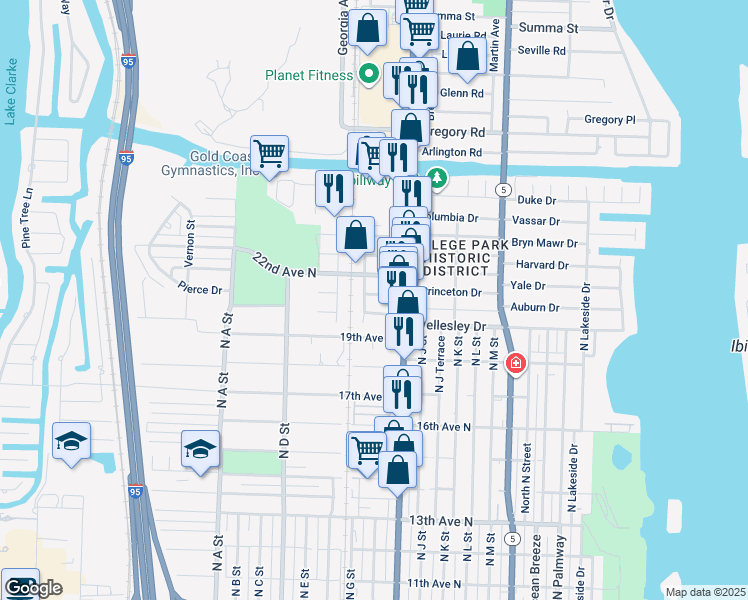 map of restaurants, bars, coffee shops, grocery stores, and more near in Lake Worth