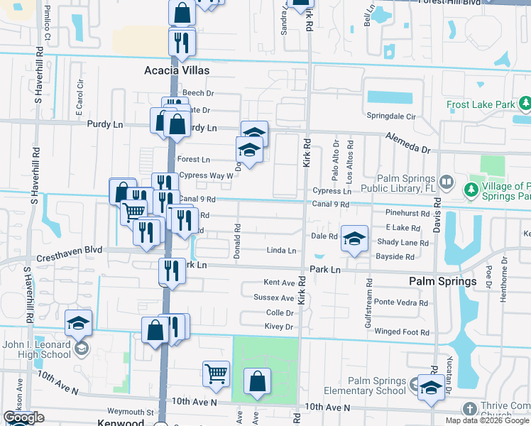 map of restaurants, bars, coffee shops, grocery stores, and more near 4186 Canal 9 Road in Palm Springs