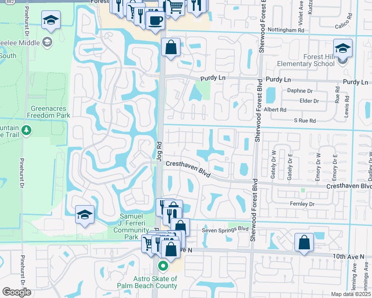 map of restaurants, bars, coffee shops, grocery stores, and more near 520 Shady Pine Way in Greenacres
