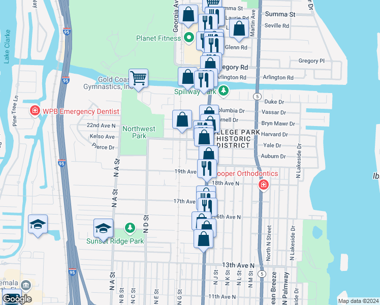 map of restaurants, bars, coffee shops, grocery stores, and more near 527 21st Avenue North in Lake Worth