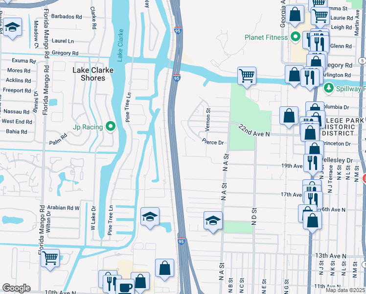 map of restaurants, bars, coffee shops, grocery stores, and more near 1917 Harding Street in Lake Worth