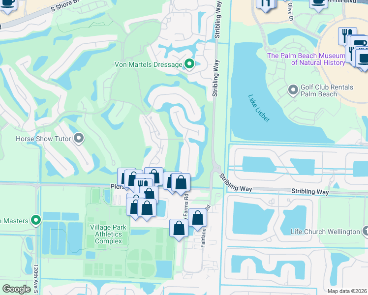 map of restaurants, bars, coffee shops, grocery stores, and more near 2740 Long Meadow Drive in Wellington