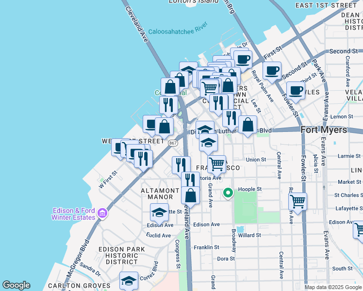 map of restaurants, bars, coffee shops, grocery stores, and more near 2052 Cleveland Avenue in Fort Myers