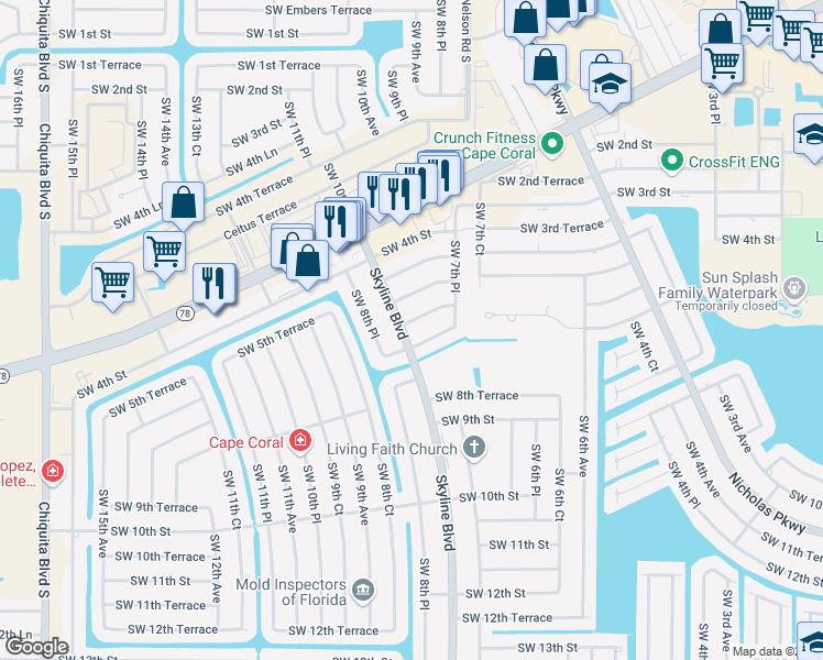 map of restaurants, bars, coffee shops, grocery stores, and more near 744 Southwest 6th Street in Cape Coral