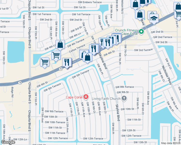 map of restaurants, bars, coffee shops, grocery stores, and more near 505 Southwest 9th Avenue in Cape Coral