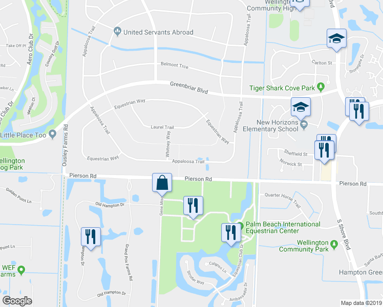 map of restaurants, bars, coffee shops, grocery stores, and more near 2425 Appaloosa Trail in Wellington