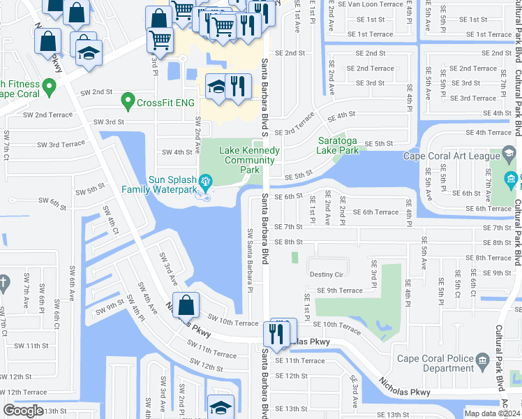 map of restaurants, bars, coffee shops, grocery stores, and more near 612 Santa Barbara Boulevard in Cape Coral