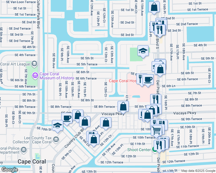 map of restaurants, bars, coffee shops, grocery stores, and more near 628 Southeast 13th Avenue in Cape Coral