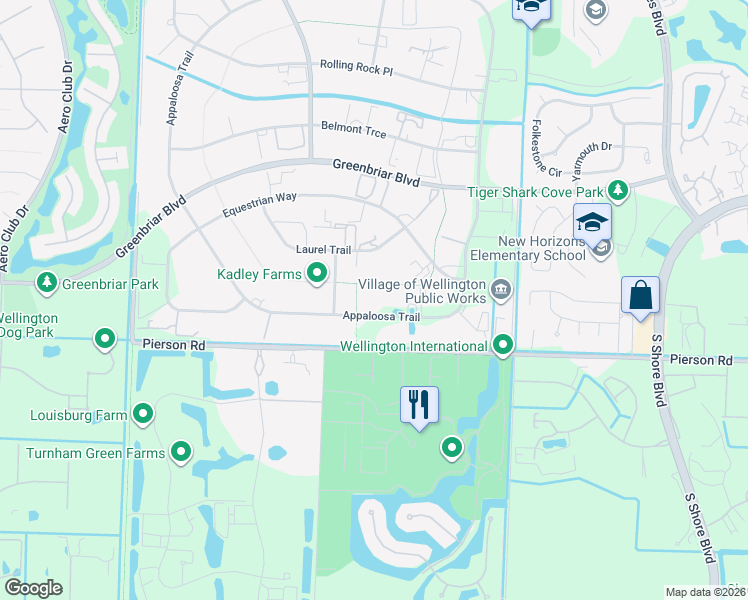 map of restaurants, bars, coffee shops, grocery stores, and more near 2425 Appaloosa Trail in Wellington
