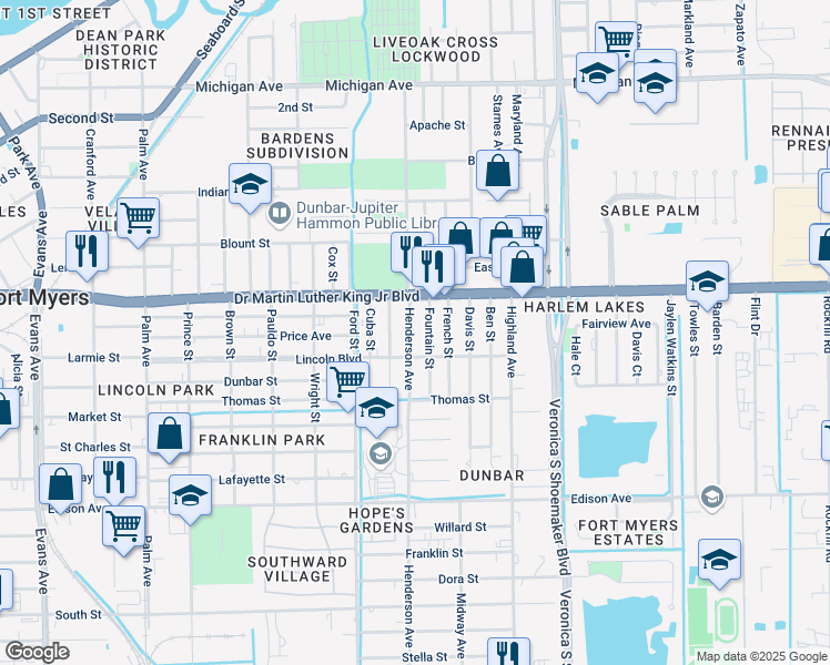 map of restaurants, bars, coffee shops, grocery stores, and more near 2061 Henderson Avenue in Fort Myers