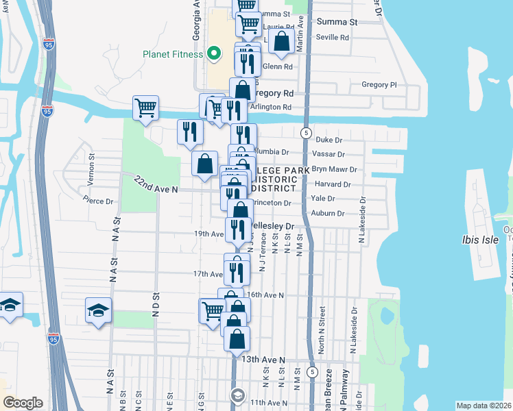 map of restaurants, bars, coffee shops, grocery stores, and more near 316 Princeton Drive in Lake Worth
