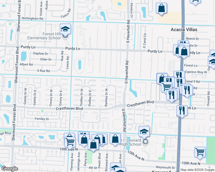map of restaurants, bars, coffee shops, grocery stores, and more near 2541 Barkley Drive East in West Palm Beach