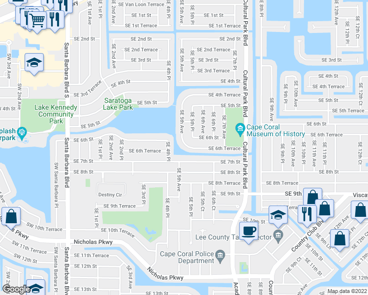 map of restaurants, bars, coffee shops, grocery stores, and more near 504 Southeast 6th Terrace in Cape Coral