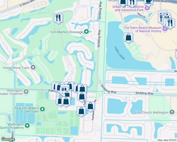 map of restaurants, bars, coffee shops, grocery stores, and more near 2740 Long Meadow Dr in Wellington