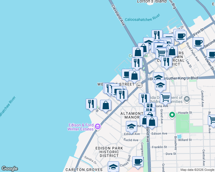 map of restaurants, bars, coffee shops, grocery stores, and more near 1900 Clifford Street in Fort Myers