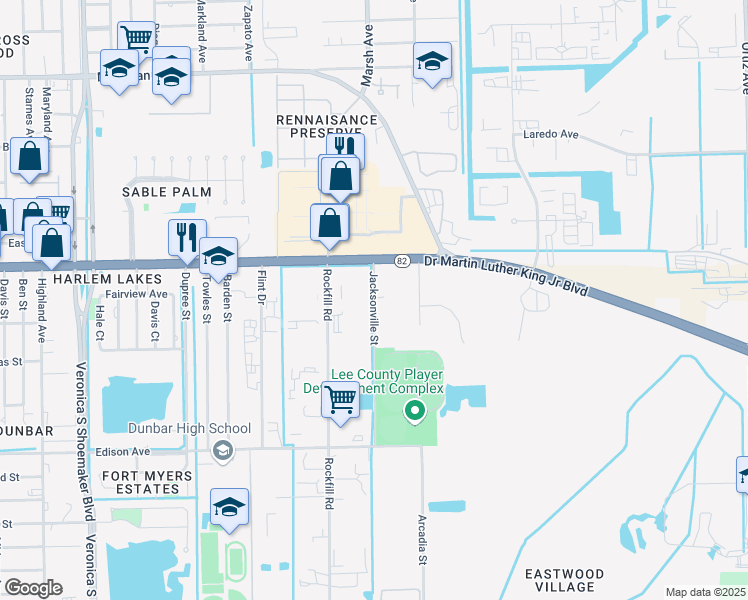 map of restaurants, bars, coffee shops, grocery stores, and more near 2028 Jacksonville Street in Fort Myers
