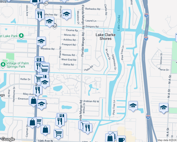 map of restaurants, bars, coffee shops, grocery stores, and more near 2454 Palm Road in West Palm Beach