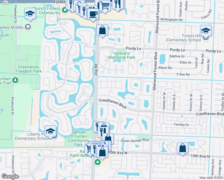 map of restaurants, bars, coffee shops, grocery stores, and more near 520 Shady Pine Way in Greenacres