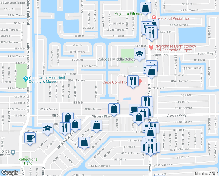 map of restaurants, bars, coffee shops, grocery stores, and more near 631 Southeast 13th Place in Cape Coral