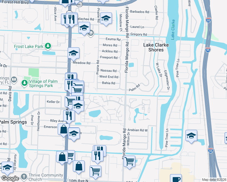 map of restaurants, bars, coffee shops, grocery stores, and more near 2562 Palm Road in West Palm Beach