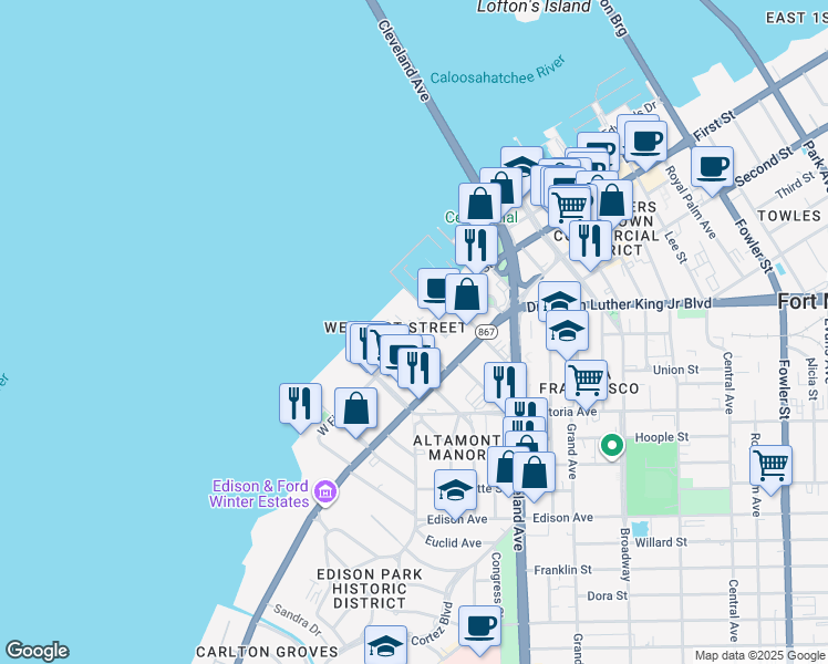 map of restaurants, bars, coffee shops, grocery stores, and more near 2002 Bayside Parkway in Fort Myers
