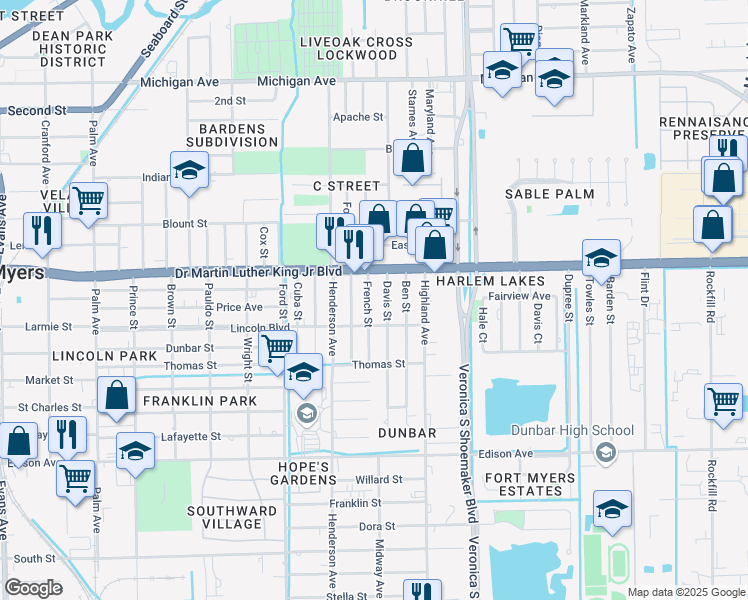 map of restaurants, bars, coffee shops, grocery stores, and more near 2111 French Street in Fort Myers