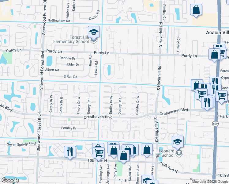 map of restaurants, bars, coffee shops, grocery stores, and more near 2511 Dudley Drive West in West Palm Beach