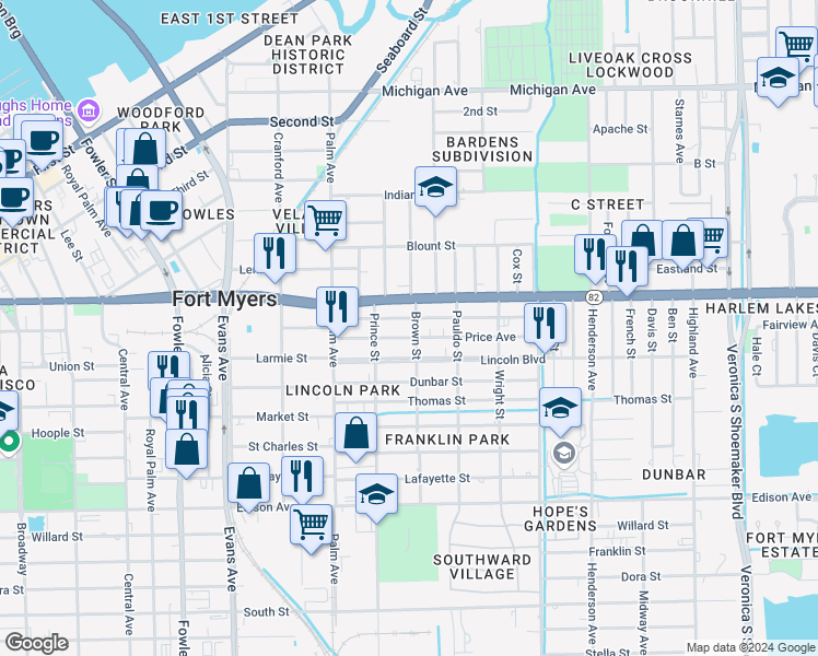 map of restaurants, bars, coffee shops, grocery stores, and more near 2044 Brown Street in Fort Myers