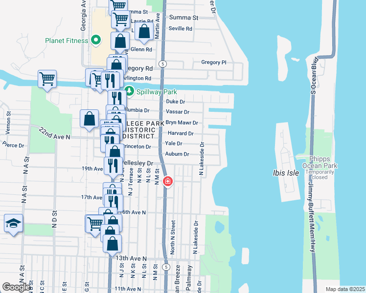 map of restaurants, bars, coffee shops, grocery stores, and more near 141 Yale Drive in Lake Worth