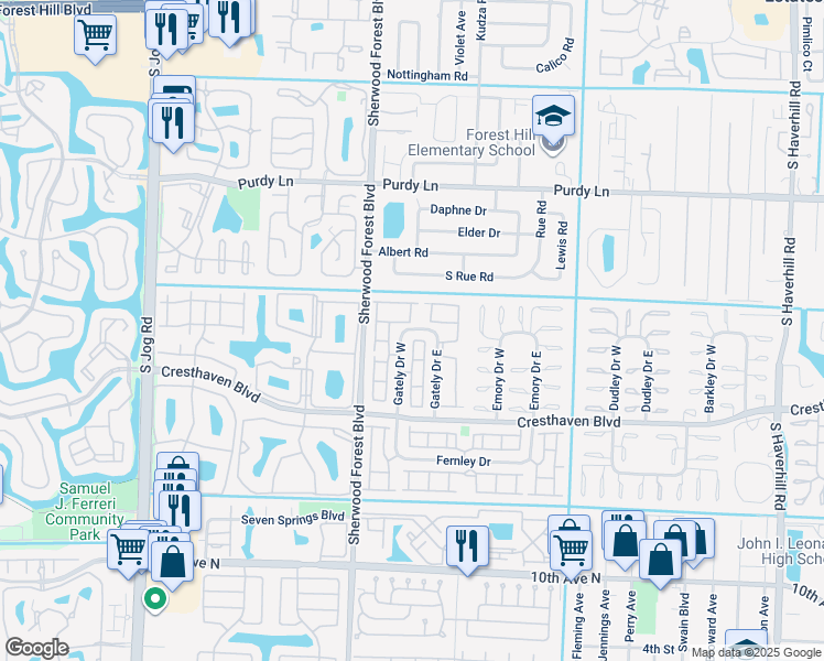 map of restaurants, bars, coffee shops, grocery stores, and more near 2641 Gately Drive West in West Palm Beach