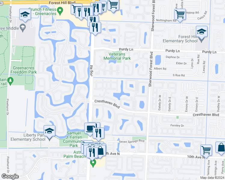 map of restaurants, bars, coffee shops, grocery stores, and more near 609 Sea Pine Way in Greenacres