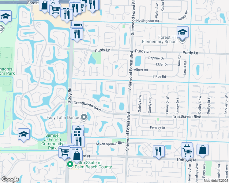 map of restaurants, bars, coffee shops, grocery stores, and more near 516 Sea Pine Way in Greenacres
