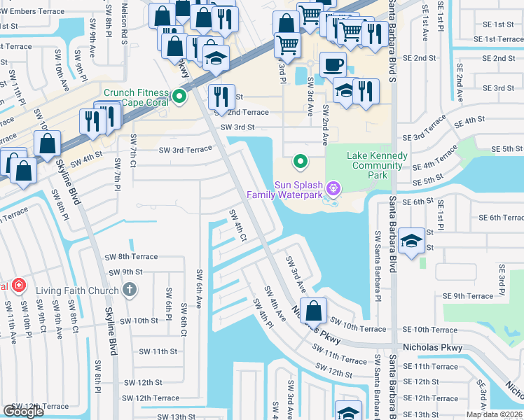 map of restaurants, bars, coffee shops, grocery stores, and more near 610 Southwest 3rd Court in Cape Coral