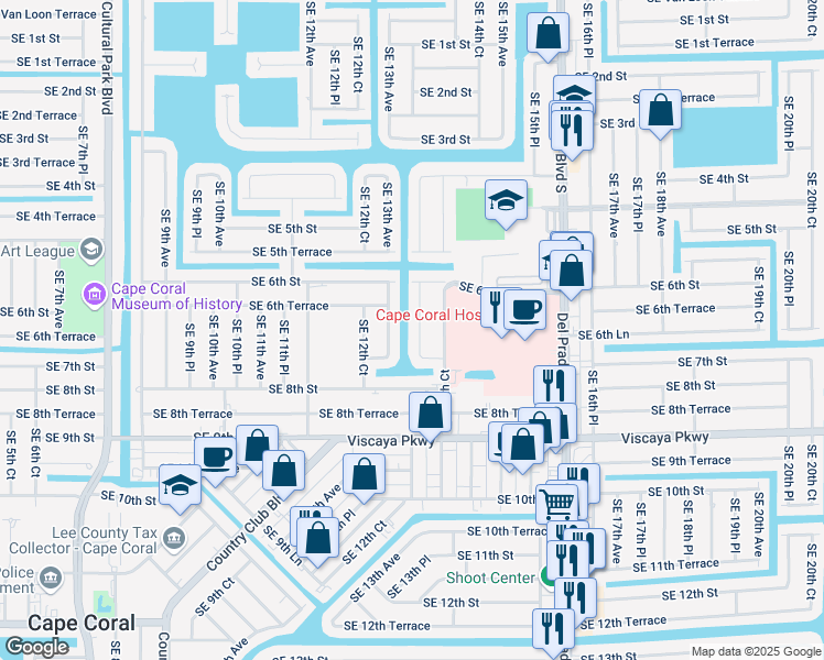 map of restaurants, bars, coffee shops, grocery stores, and more near 630 Southeast 13th Place in Cape Coral